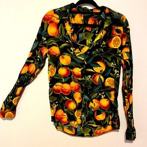 H&M medium citrus orange fruit black button up with green leaves, cottagecore
